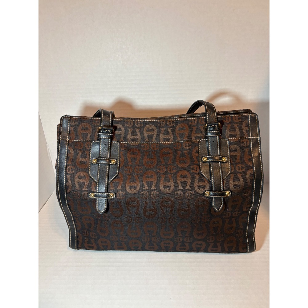 Etienne Aigner Signature Jacquard Logo Tote Bag Brown Black Leather Trim - Picture 2 of 8